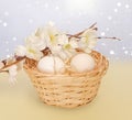 Eggs in a basket stock photo. Easter eggs