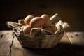 Eggs in a basket on a wooden table