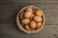Eggs in basket on wooden table. High angle view of eggs. Top view of eggs on wooden