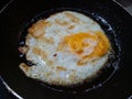 Eggs being fried on a frying pan. Fried egg. Selective focus.
