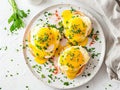 Eggs Benedict close up, high angle view.Generative AI Royalty Free Stock Photo
