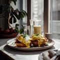 Eggs benedict with hollandaise sauce and hollandaise sauce