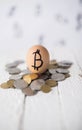 Eggs bitcoins on coins on a wooden background Royalty Free Stock Photo