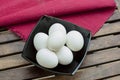 Eggs in a black bowl isoated on wooden table. Royalty Free Stock Photo