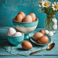 Eggs in a bowl on a surface resembling vintage turquoise.