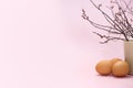 eggs and branch. Simple empty Easter background