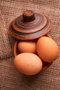 eggs, bread and milk glass on wooden table and dark wooden background. Selective focus Royalty Free Stock Photo