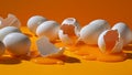 Eggs and broken eggshells scattered on bright orange surface