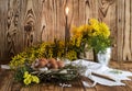 Eggs, candles, incense and branches of a mimosa