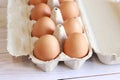 Eggs in a cardboard box. Fresh raw eggs in a paper egg container Royalty Free Stock Photo