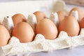 Eggs in a cardboard box. Fresh raw eggs in a paper egg container Royalty Free Stock Photo