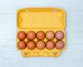 Eggs in a cardboard tray. Brown eggs in the tray. Royalty Free Stock Photo
