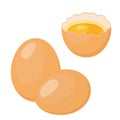 Eggs in cartoon flat style. Broken egg, eggshell with yolk Royalty Free Stock Photo