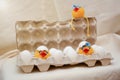 Eggs chicken concept. Toy chicks hatched from eggs in an egg box Royalty Free Stock Photo