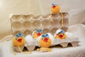 Eggs chicken concept. Toy chicks hatched from eggs in an egg box Royalty Free Stock Photo