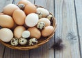 Eggs from chicken and quail farm in a wicker basket