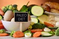 Eggs, chicken, vegetables and text paleo diet Royalty Free Stock Photo