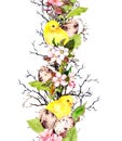 Eggs, chickens, spring blossom, branches, green leaves. Floral repeating border for Easter. Watercolor