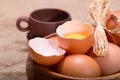 Eggs and clay cup on a sacking Royalty Free Stock Photo