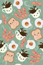 Eggs, coffee and bacon seamless pattern. Cute breakfast. Vector graphics