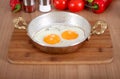 Eggs cooked in oil in a copper pan from a close angle