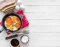 Eggs cooked overeasy, additional text space left, topview Royalty Free Stock Photo