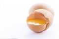 Eggs cooking for breakfast, a protein form yolk and albumen on a white background, or on a plain wooden table.