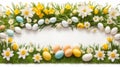 Eggs, daisies, daffodils, and green grass, Spring Easter borders