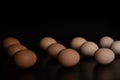 Eggs of different shades lie in rows on a black background Royalty Free Stock Photo