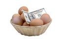 Eggs easter money wealth food banking investment inflation isolated white background treasure egg nest basket cash growth revenue Royalty Free Stock Photo