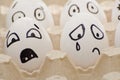 Eggs with the drawn emotions, frightened and crying face