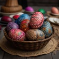 Eggs dyed in different colors are in a basket with a print.