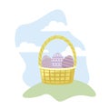 Eggs of easter with basket wicker in grass