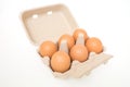 Eggs in egg carton isolated on white Royalty Free Stock Photo