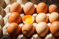 Eggs in an egg container, one of the eggs broken. Royalty Free Stock Photo