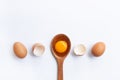 Eggs, egg yolk on wooden spoon isolated