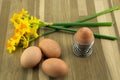 Eggs,eggcup and daffodils. Royalty Free Stock Photo