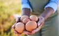 Eggs, farmer and hands in agriculture on sustainable farm or free range product for protein diet in nature. Food, health