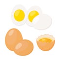 Eggs in flat style. Broken eggshell with yolk, boiled eggs Royalty Free Stock Photo