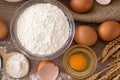 Eggs and flour basic ingredients for baking top view Royalty Free Stock Photo