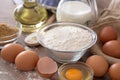 Eggs and flour basic ingredients for baking on wooden table Royalty Free Stock Photo