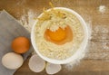 Eggs and flour on wooden table