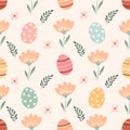 Easter seamless pattern with flowers and eggs, pastel colors, seasonal design