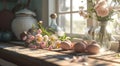 eggs and flowers on a kitchen counter Royalty Free Stock Photo