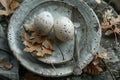 eggs, fork and knife on a plate with dried leaves, in the style of dreamy and romantic compositions, polished concrete Royalty Free Stock Photo