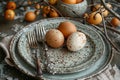 eggs, fork and knife on a plate with dried leaves, in the style of dreamy and romantic compositions, polished concrete Royalty Free Stock Photo