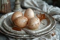 eggs, fork and knife on a plate with dried leaves, in the style of dreamy and romantic compositions, polished concrete Royalty Free Stock Photo