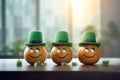 eggs in the form of a leprechaun with green caps and gold on a wooden table