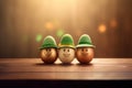 eggs in the form of a leprechaun with green caps and gold on a wooden table