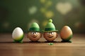 eggs in the form of a leprechaun with green caps and gold on a wooden table